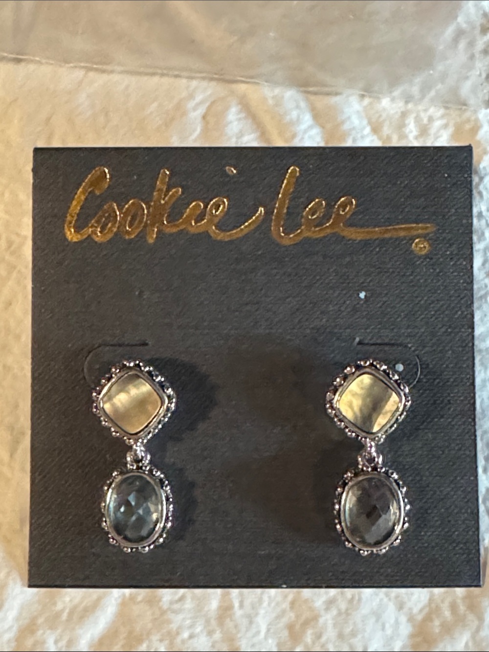 Cookie Lee Silver and Gray Pearl & Crystal Double Drop Earrings